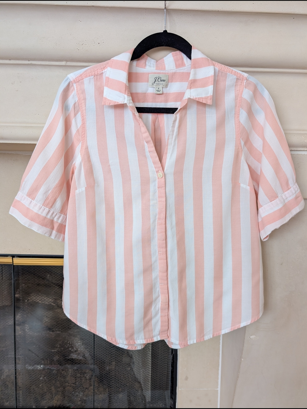 J. Crew Pink and White Striped Short Sleeve Button-Up Top